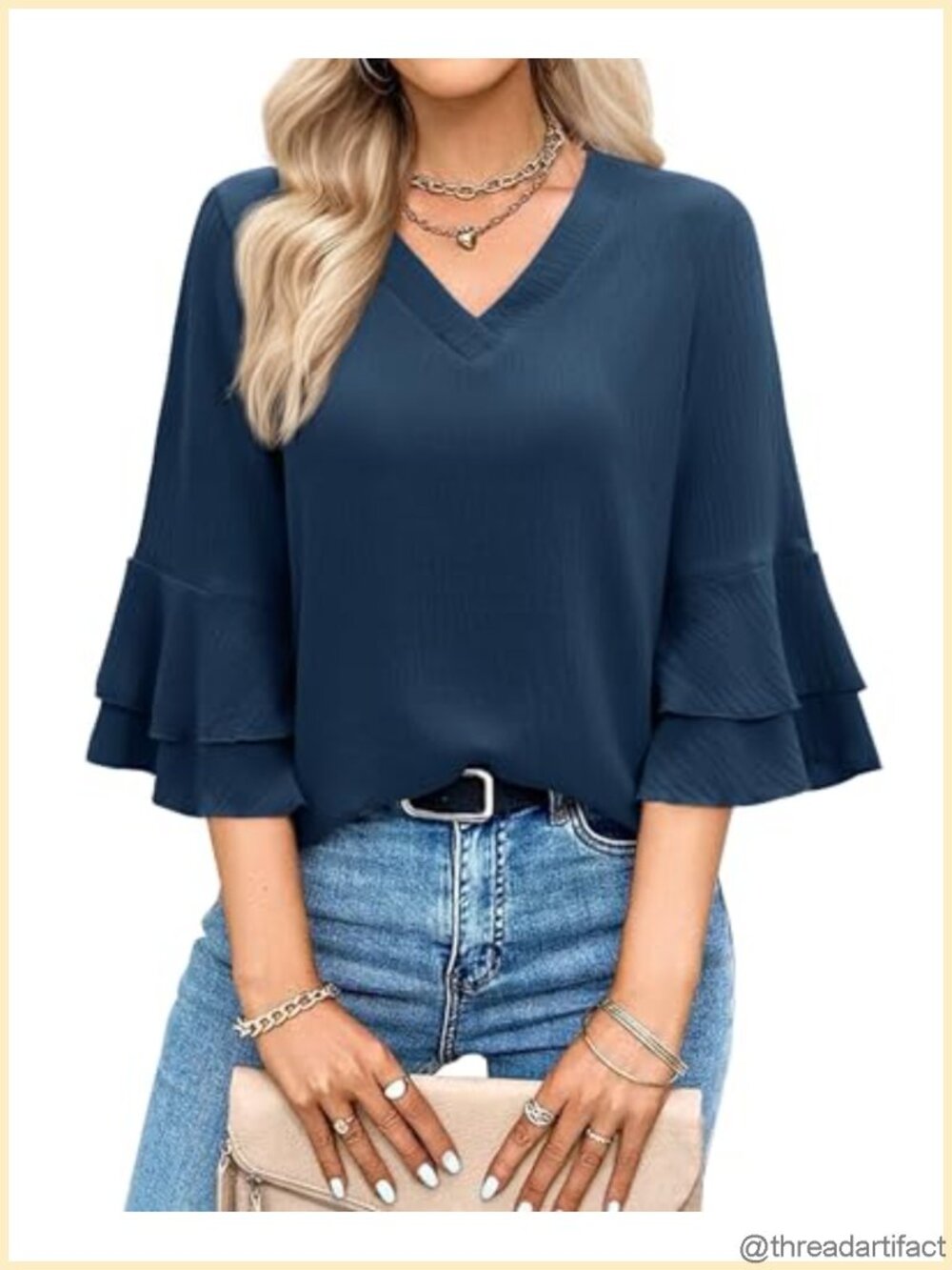 Womens 3/4 Sleeve V Neck Bell Sleeve Ruffle Blouse Dressy Casual Work Top